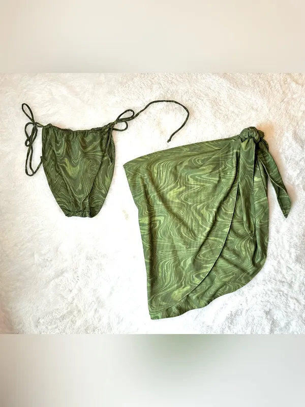 GOOD AMERICAN SET: Sarong & Tiny Ties Bikini Bottom • Pesto Swirl • Size Large 3 - Image 3