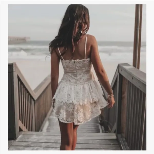 NWT! Angel Biba Chic White Floral Lace Mini Dress Women’s V-Neck Ruffle Size Large - Image 2
