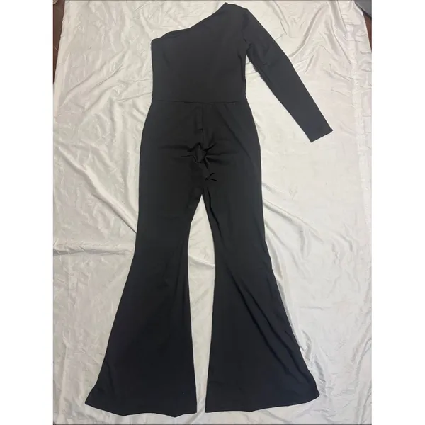 NWT Mundefeis Black One Shoulder Rhinestone Jumpsuit Flare Leg Party Romper S - Image 8