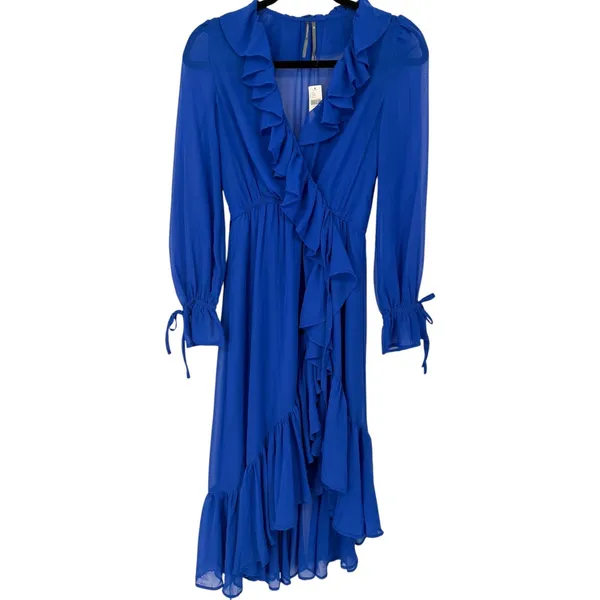 NWT Anthropologie Long Sleeve Ruffled Asymmetric Midi Dress Blue‎ Sz XS Feminine - Image 5