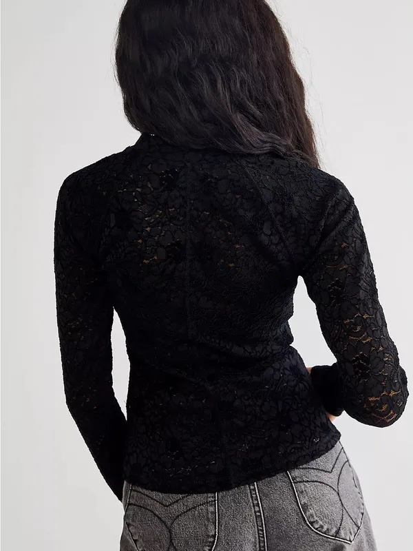 Free People Intimately Cloud Ride Black Lace Long Sleeve Top Size L - Image 2
