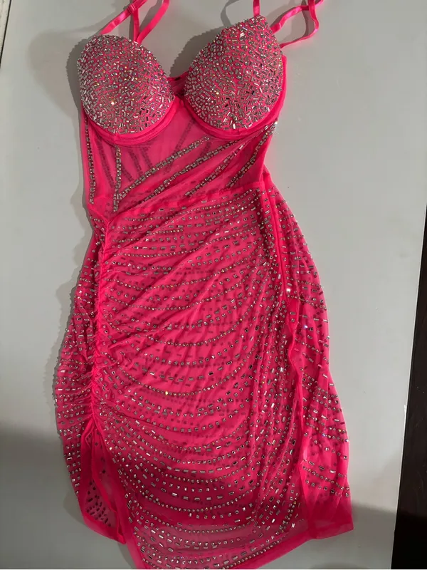 Hot Pink Embellished Mesh Bodycon Dress - Image 3