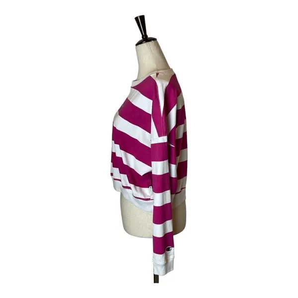 Champion Pink And‎ White Striped Crew Neck Pullover Cropped Sweatshirt Size S - Image 4