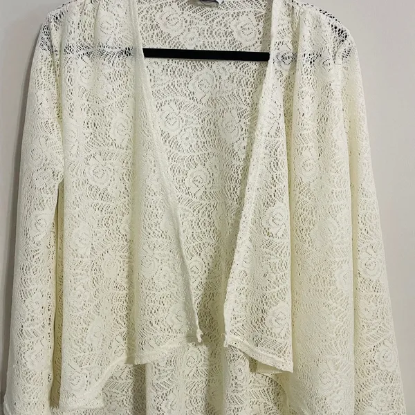 Vintage Boho Lace Cardigan Sz Med Ivory Sheer Floral Cottagecore Fairy Whimsy - Image 4