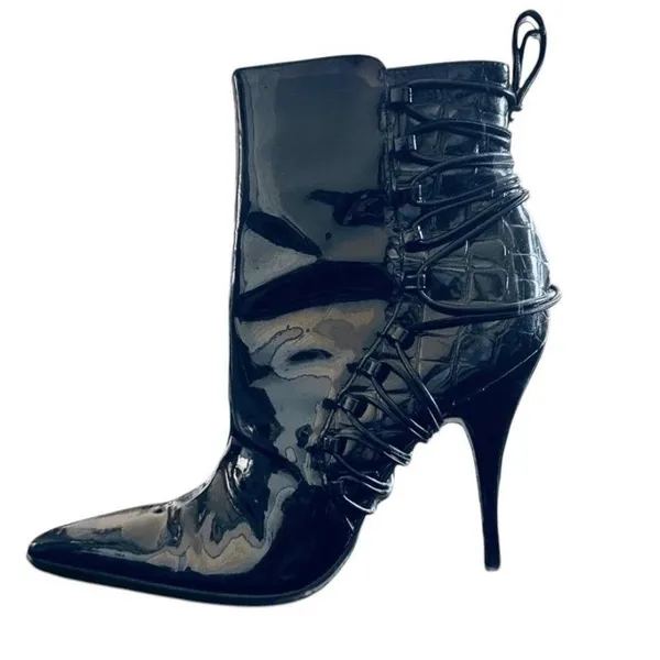 Carlos‎ Santana Black Ankle Boots Pointed Toe Stiletto Heel Patent Lace-Up Croc - Image 3
