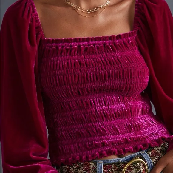 Anthropologie Jewel-Tone Pink Puff-Sleeve Velvet Blouse Peasant Smocked - Size S - Image 5