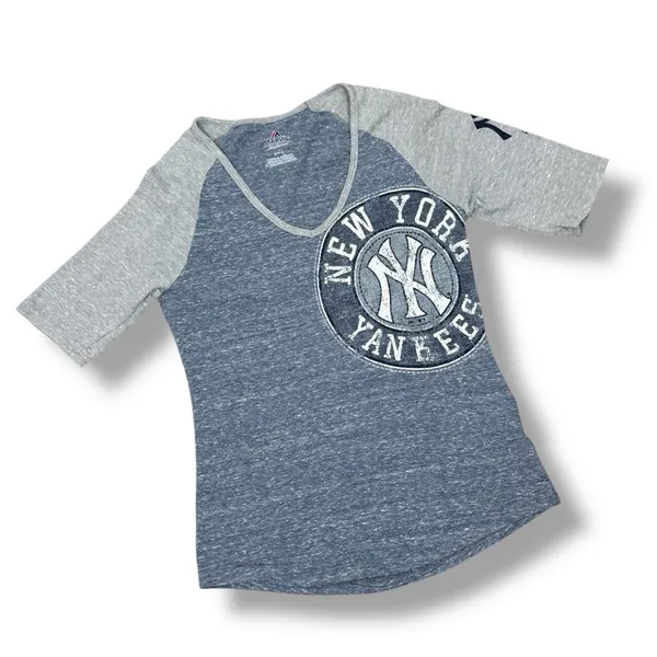 Majestic Official MLB New York‎ Yankees V Neck Slub Tee Shirt Blue Grey Medium - Image 12