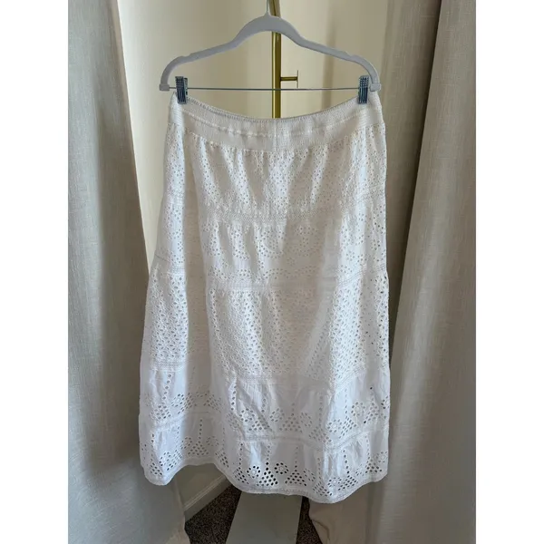 Joie Midi Skirt Women's Large White Cotton Boho A-Line Eyelet Lace Tiered - Image 2