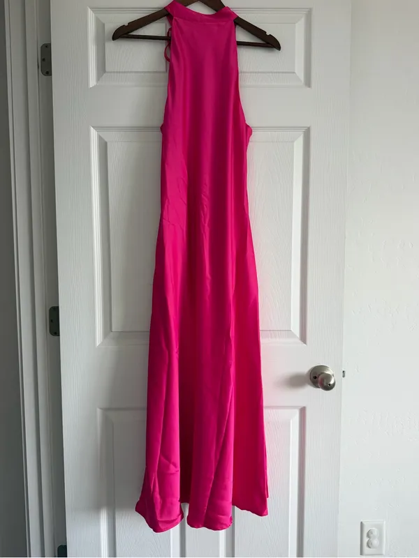 Hutch Mari Dress Hot Pink Fuchsia Halter Neck Satin Midi Dress NWT Size Large - Image 4