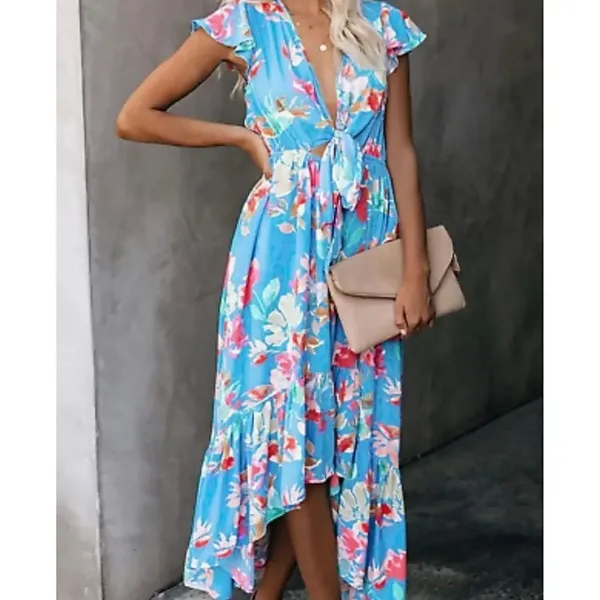 ✨VICI Deep V-Neck Bow Tie Front All Over Floral High Low Maxi Sz Medium Dress✨ - Image 2