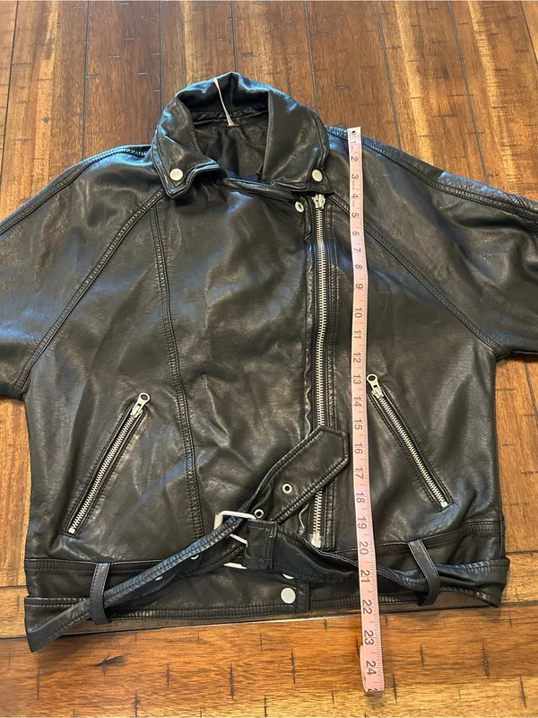Free People Melanie Moto Jacket XS Black Faux Leather Belted Biker - Image 7