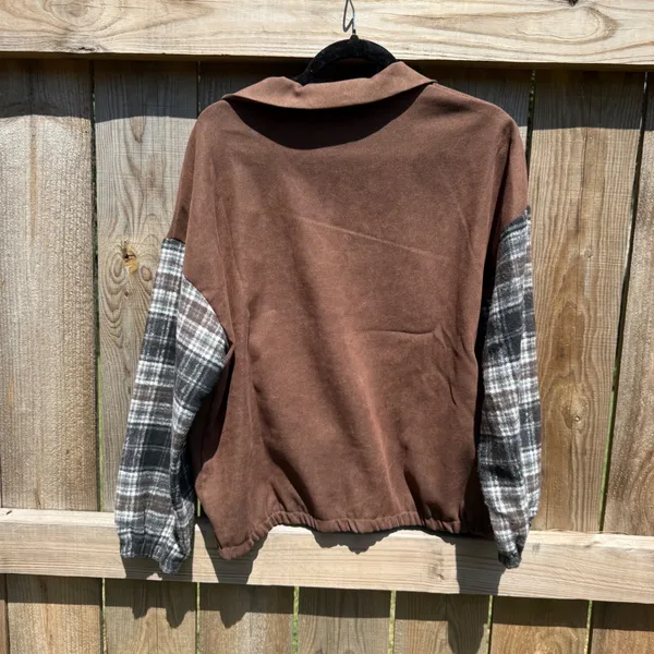 Brown Plaid Mixed Media Zip Up Jacket Flannel Sleeve Bomber Medium - Image 3