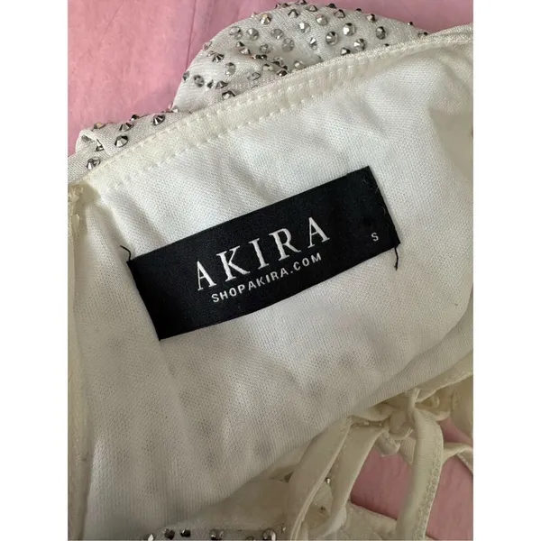 AKIRA White Rhinestone Studded Mini Dress Womens Size Small S Lace Up Open Back - Image 6