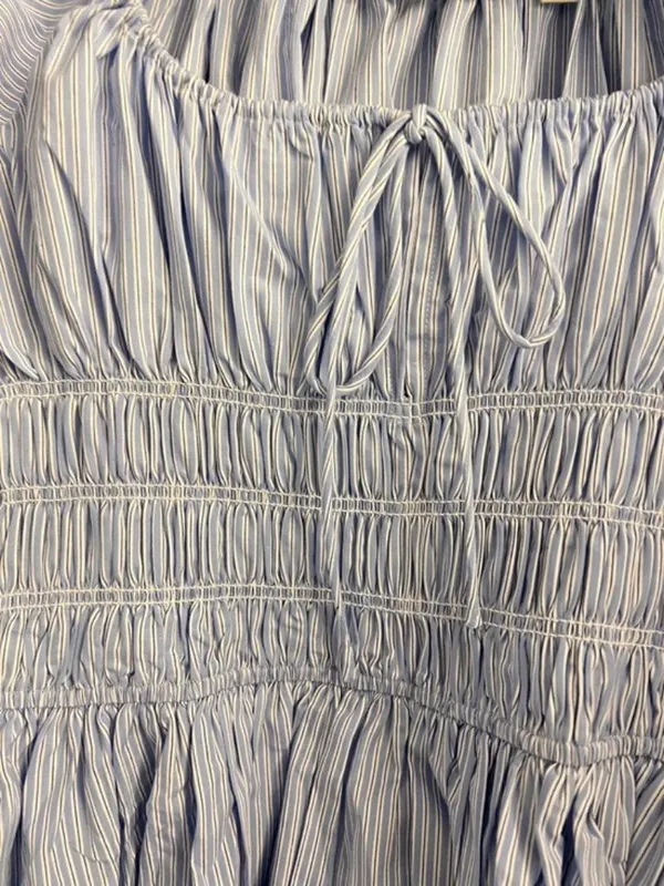 Doen Quinn Tie-Detailed Shirred Striped Organic Cotton-Poplin Midi Dress,Blue,S - Image 9