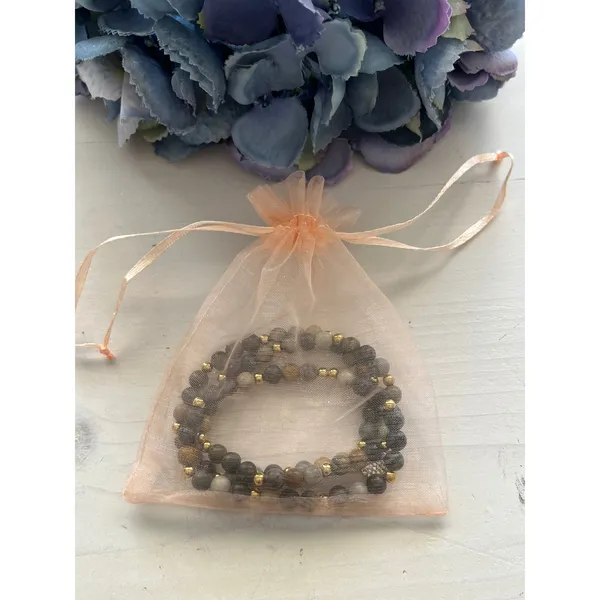Beaded Stretch Bracelet Set Natural Stone Gray‎ Brown Gold Charm Boho Stacking - Image 6
