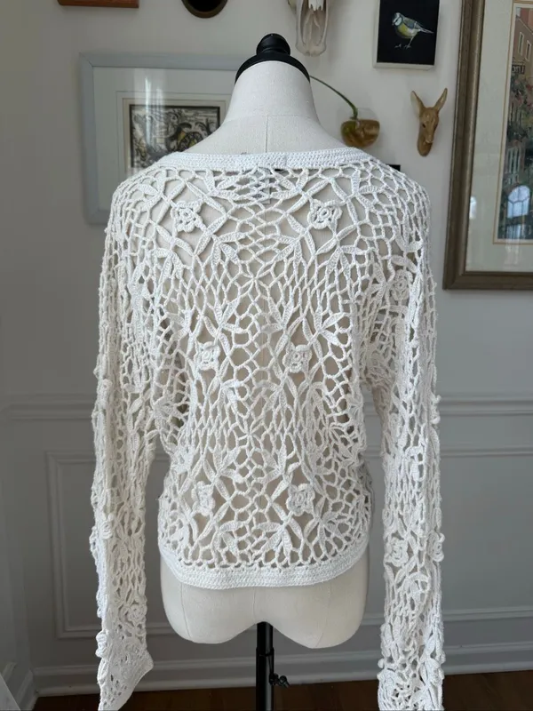 Vintage 90s Y2K One Step Up Ivory Open Knit Crochet Long Sleeve Crop Top OSFM - Image 5
