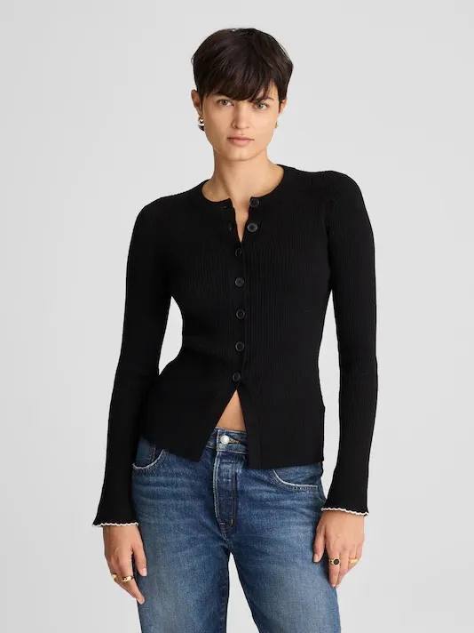 Madewell Whipstitched Longline Cardigan Merino Blend black white combo Sz L NWT - Image 2