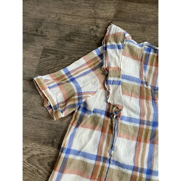 EUC Womens Madewell V‎ Neck Shoulder Ruffle Top In Plaid Short Sleeve Size L - Image 6