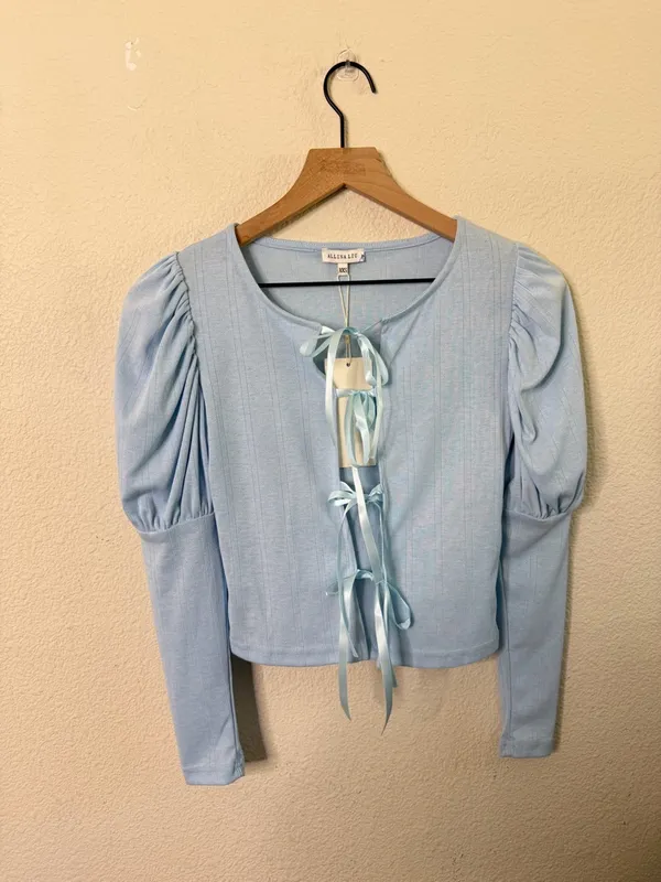 NWT Allina Liu Mitski Pointelle‎ Cardigan Baby Blue Tie Front Womens Size XXS - Image 8