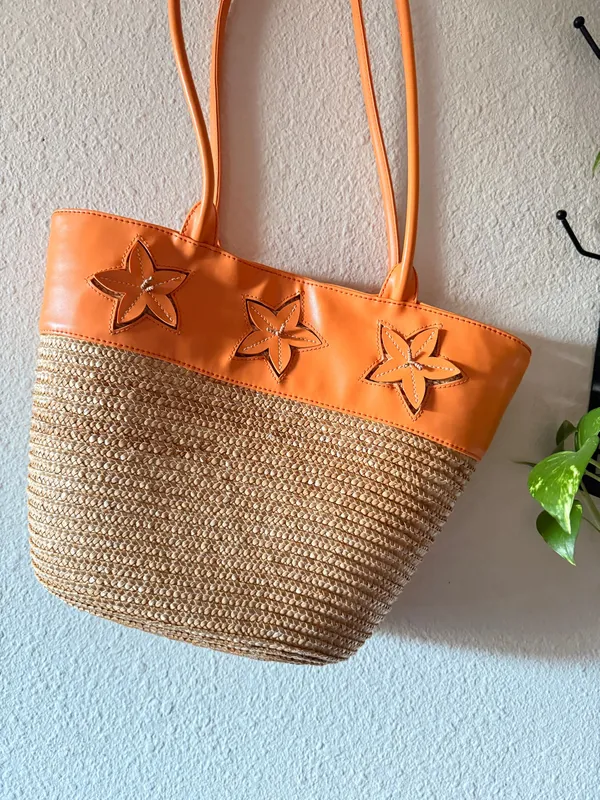 Bath & Body Works orange leather and straw tote with star appliqués - Image 2