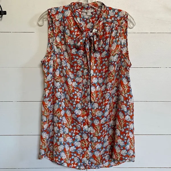 Pleione Womens Sleeveless Tie Neck Floral Blouse Orange Blue White WQZ58232RK M‎ - Image 8