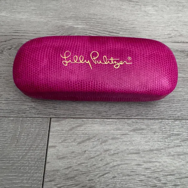 Lilly Pulitzer Pink‎ Textured Hard Eyeglass Case Gold Logo Navy Velvet Interior - Image 2