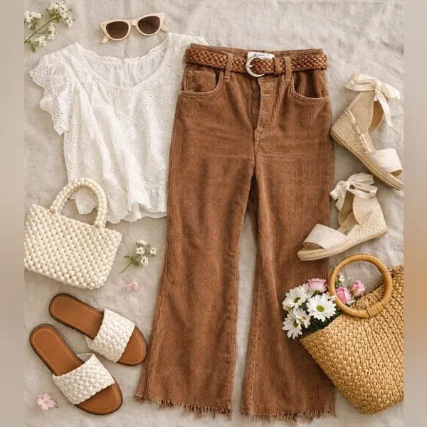 Reformation High Rise Corduroy Crop Flare Pants Frayed‎ Hem High Rise Brown 28 - Image 10