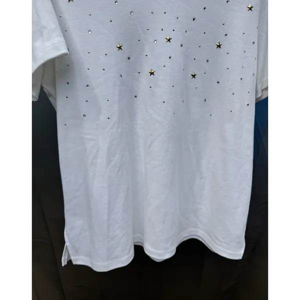 Women's V-Neck Quacker Factory SZ L White Embellished Star Rhinestones Gold Silv - Image 4