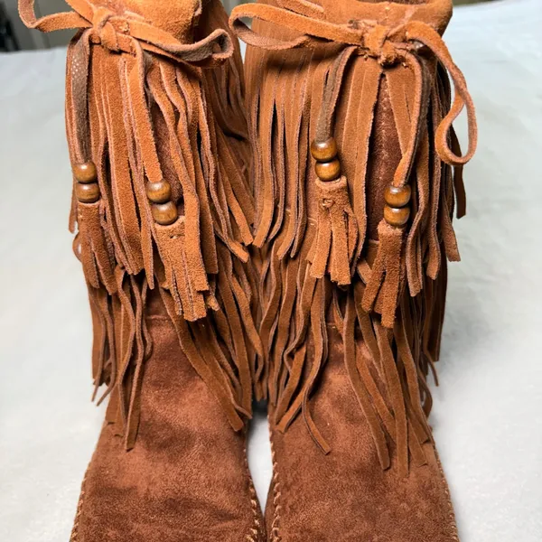 Mossimo Brown Suede Leather Fringe Moccasin Boots Womens 9 Faux Fur Lined Boho - Image 8