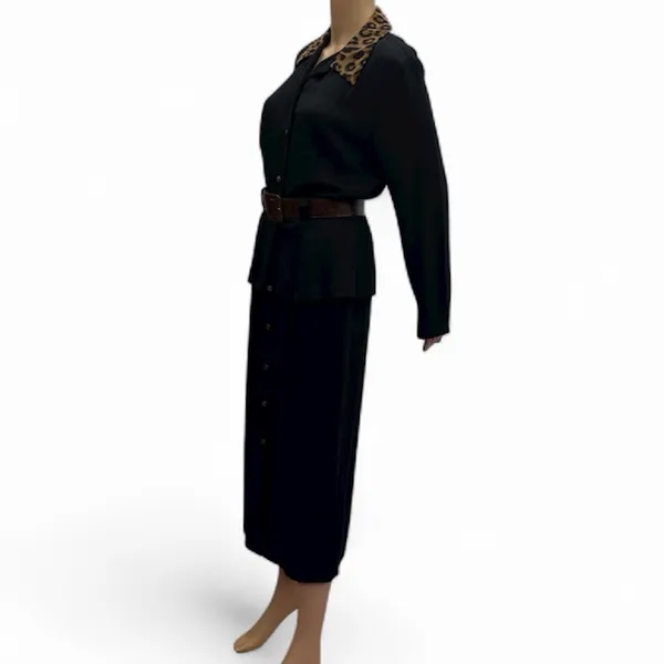 Studio I Vintage Black Leopard Collar Long Sleeve Belted Button Front Dress 10 - Image 3