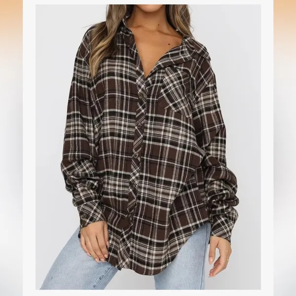 LaCozy Women’s Oversized Flannel Shirt in Brown Plaid - Image 3
