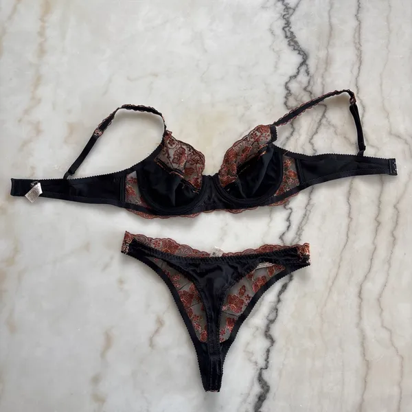 90s Vintage Wacoal Onvieve Set Floral Copper Metallic Mesh 34B Bra Thong Small - Image 5