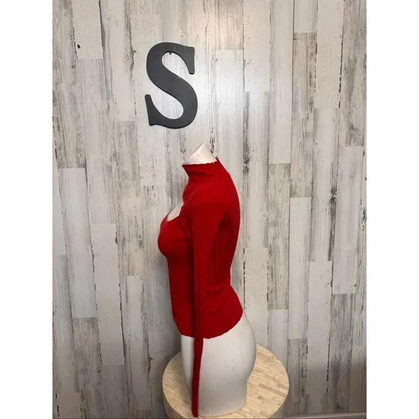 H&M Divided Candy Red Ribbed Knit Mock Neck Cutout Chest Long Sleeve Top Small - Image 2