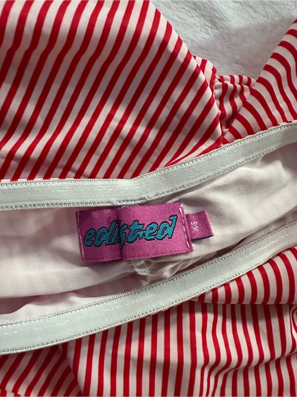 Edikted Gaia Gathered Mini Dress Red White Size XS Ruffle Hem Strapless Ruched - Image 7