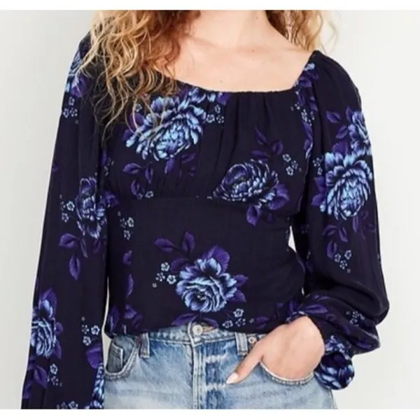 Old Navy Womens M Puff Sleeve Smock Long Sleeve Blouse Navy Blue Floral‎ Cottage - Image 2