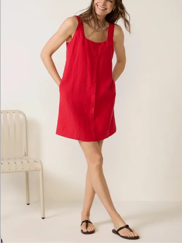 EVEREVE NWT Lillian Linen Shift Dress Breezy Button Front Mini Red - Image 2