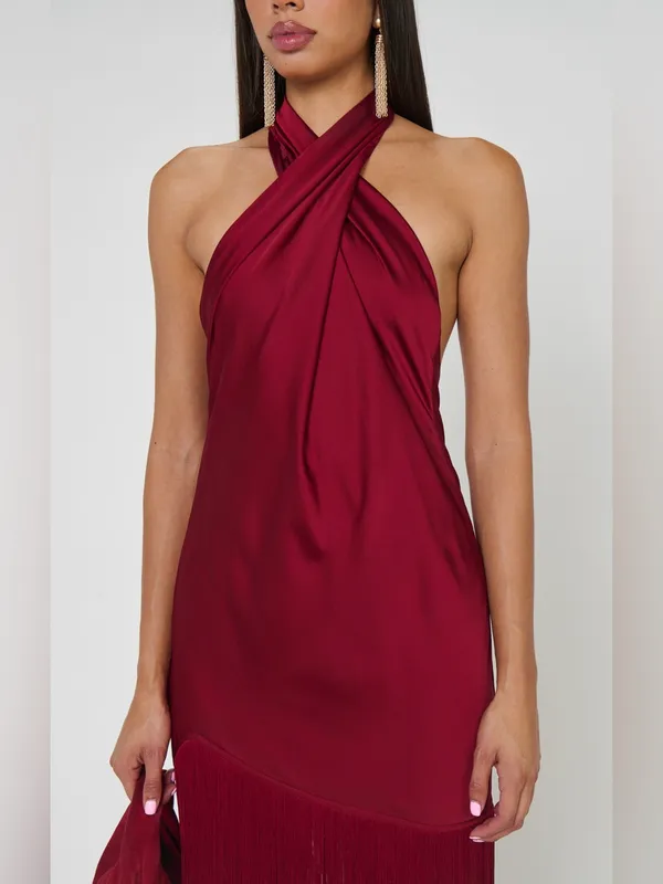 Show Me Your Mumu Jasmine Fringe Maxi Dress size Large L Cranberry Luxe Satin - Image 7