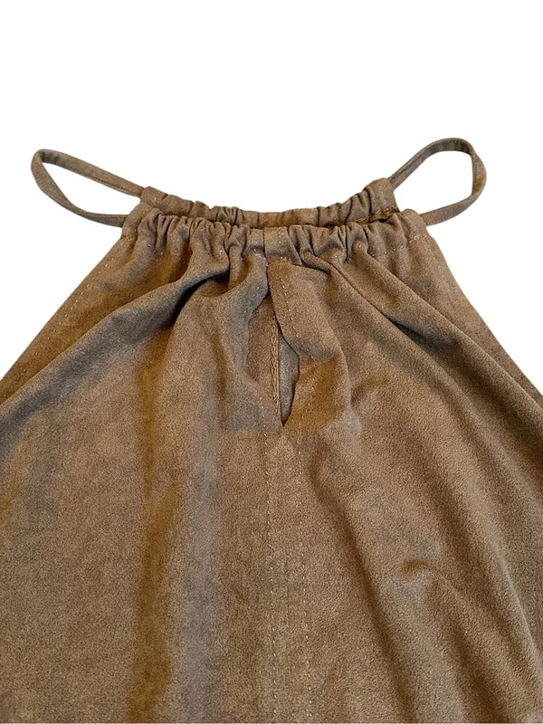 Max Studio Brown Faux Suede Halter Top Key Hole Front Boho Western Festival - Image 4