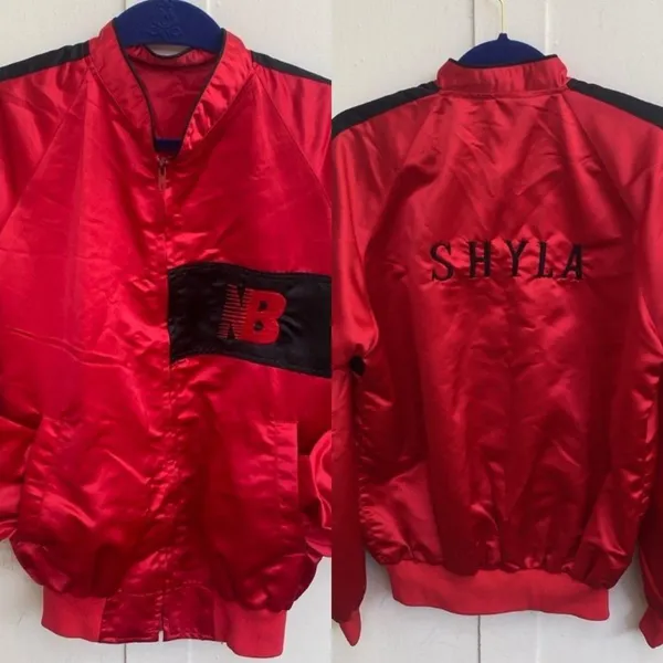 VINTAGE 80s New Balance Satin Bomber Varsity Jacket Sz M Custom Shyla Embroidery - Image 2