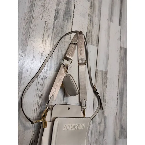 Steve Madden Cream Crossbody Bag Logo Strap Multi Compartment Purse - Image 4