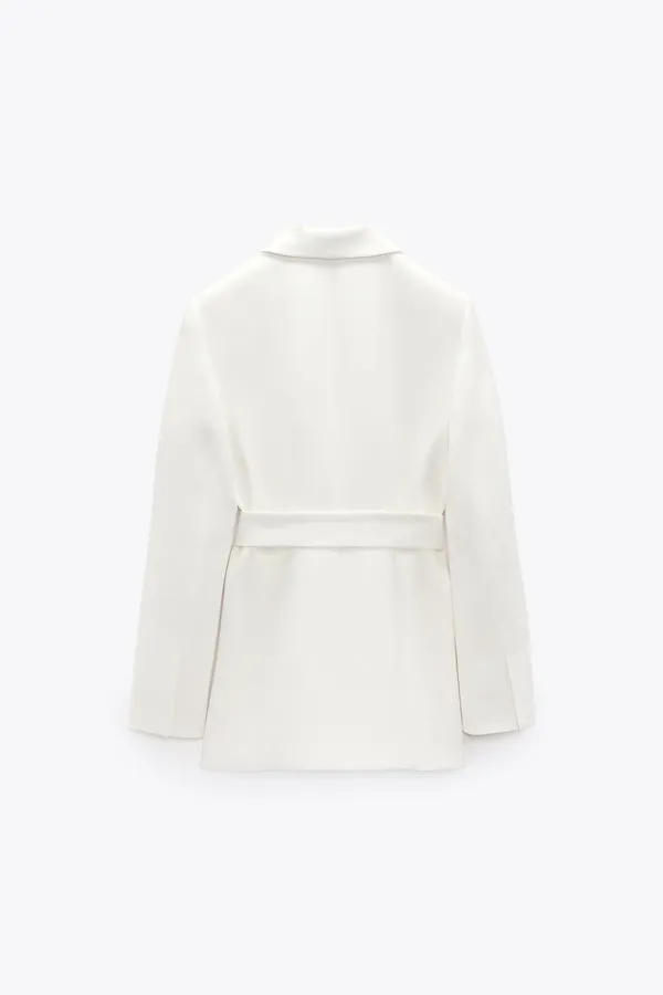ZARA Tuxedo Blazer With Waist Tie Suit Jacket White - Image 5