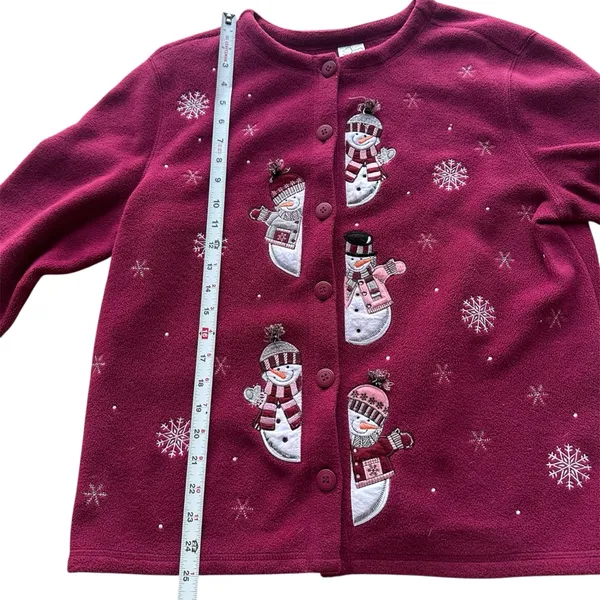 Vintage‎ Snowman Christmas Button Up Fleece Cardigan Burgundy Size Large - Image 4