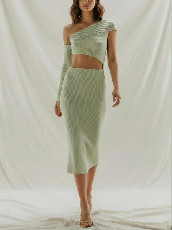 BAOBAB Botanico Ribbed Knit Asymmetrical Dress, Mantis, Medium - Image 5