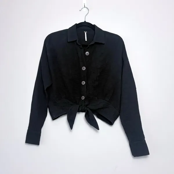 Free People Sunstreaks Tie Front Button Down Blouse in Black XS - Image 3