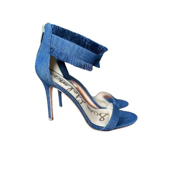 Sam Edelman Anabeth Denim Fringe 4" Heels Sandals Womens Size 8.5 Open Toe‎ Zip - Image 2