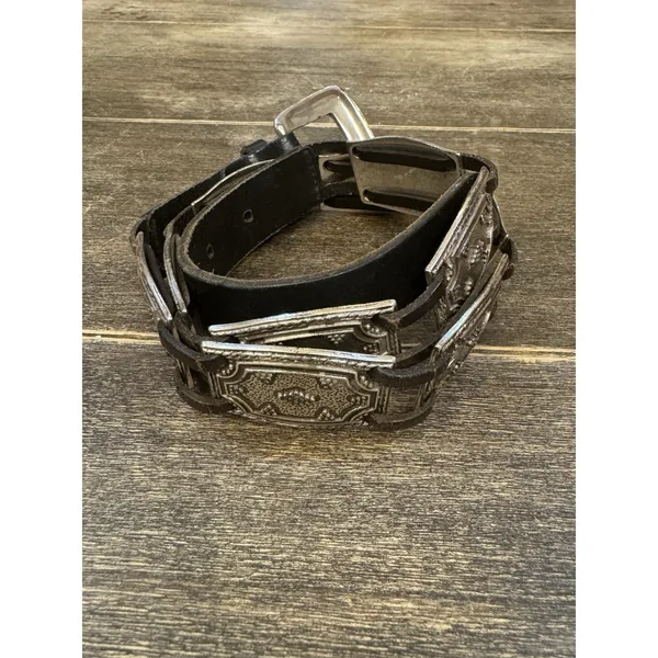 Vintage Fossil Leather Silver Belt Women's‎ Size Medium Black Y2K Western 90's - Image 3