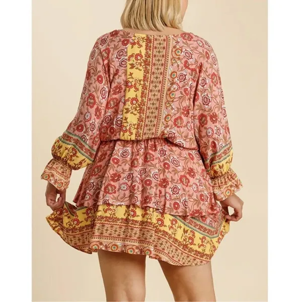 Umgee Floral Border Print Layered Mini Dress Boho Gypsy Rose Pink Plus Size 1X - Image 2