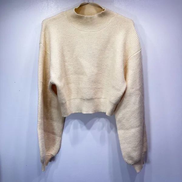 Ivory Cream Oversized Cropped Slouchy Sweater Mock Funnel Neck NEW Large - Image 5