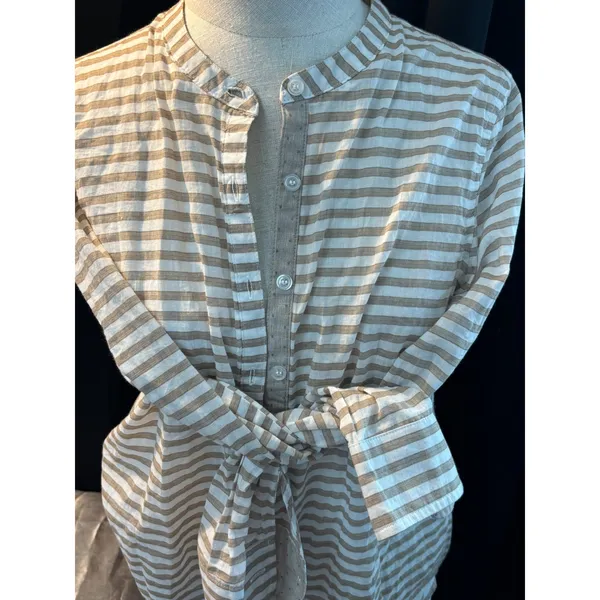 Grand & Greene Tan White Striped Cotton Button Down Shirt Mandarin Collar Small - Image 3