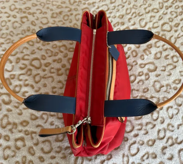 Coach Hampton Red Nylon Tote with Tan Leather Strap Handbag Women's - Image 6
